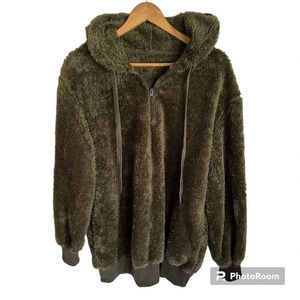 Teddy Bear Furry Long Sleeve Zip Up Sweater Hoodie with Ties Size Large